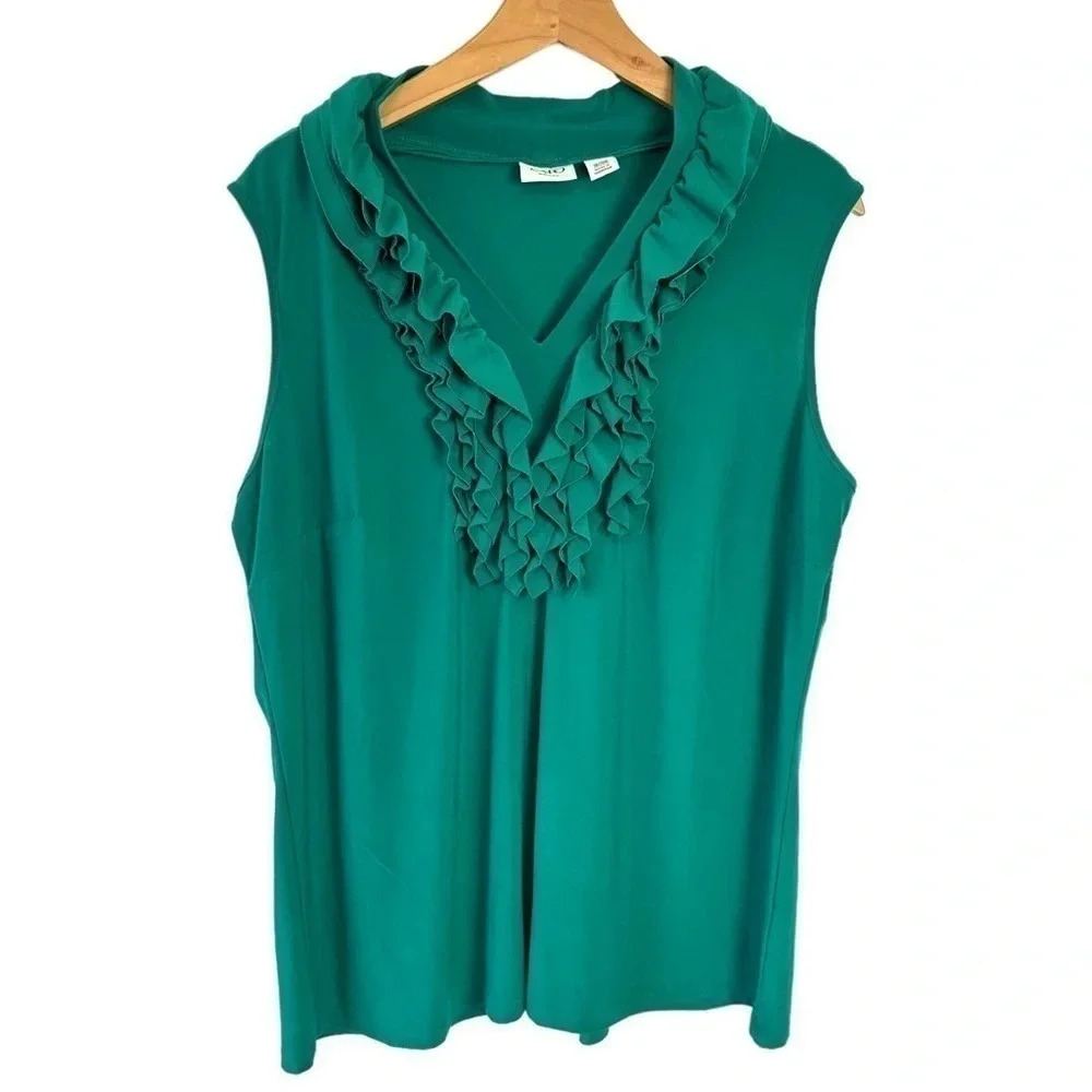 Cato Blouse 18/20W Emerald Green‎ Ruffle V-Neck Sleeveless Plus Size Top